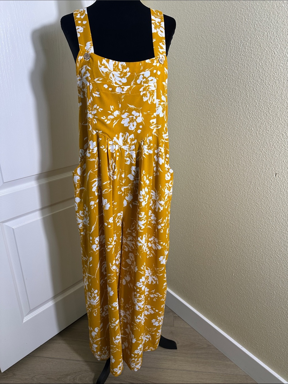 Orange Mustard Yellow and white Floral Wide-Leg Overall Romper. Medium